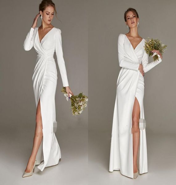 

simple mermaid white slit wedding dress for woman with long sleeves civil bridal party gown slim v neck elegant robe de mariage 201128351