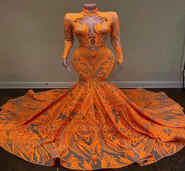 

elegant orange lace mermaid prom dresses vintage long sleeve high neck sheer illusion appliques long evening gowns for teens gradu4208415, Black