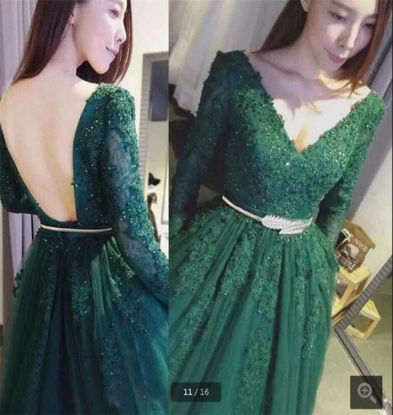 

green lace prom dress with gold belt a line long sleeve appliques beading prom gowns backless formal prom dresses5435415, Black