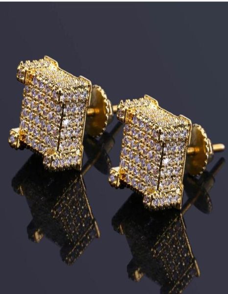

fashion screw back cz earrings stud men brand designer luxury hiphop full rhinestone jewelry gold silver copper pierced ear stud j8007224, Golden;silver