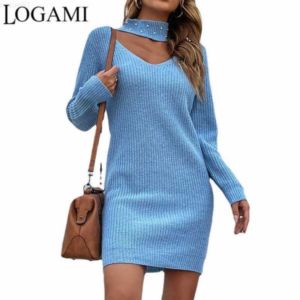 

women's sweaters logami halter neck beaded knitted sweater dress 2022 autumn winter long sweater mini dress l230718, White;black