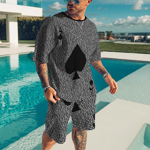 

men's tracksuits funny poker pattern y2k men casual fashion tracksuit street wear t-shirt shorts suit 2 pieces outfit set male oversize, Gray