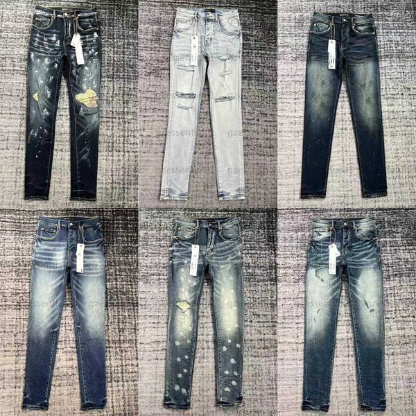 

men denim designer jean black pants trendy denim fashionable hole design patchwork cut classic five-pocket fit slim straight pant purple jea, Blue