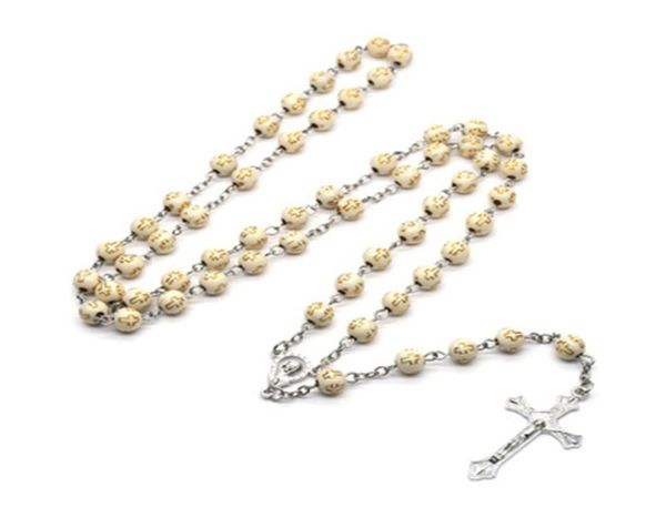 

beige religious rosary necklace round beads cross jesus pendant fashion jewelry unisex5570358, Silver