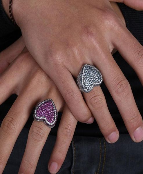 

pinkwhite cz stone paved bling out heart shape men women rings white gold color big wide hip hop ring jewelry size 711 band8154589, Silver