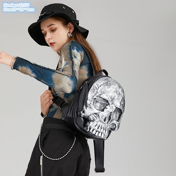 

wholesale ladies shoulder bag 3 colors street embossed skull punk backpack outdoor padded leather leisure backpacks trend tassel decorative