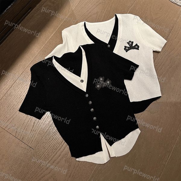 

womens t shirt fashion short sleeve knitted fake two letter jacquard style casual short sleeve button up cardigan, White