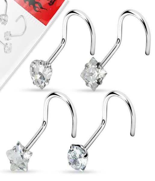 

tragus piercing zircon screw nose stud heart round star shape nose ring eyebrow bar helix cartilage earring stud body jewelry3050565, Silver