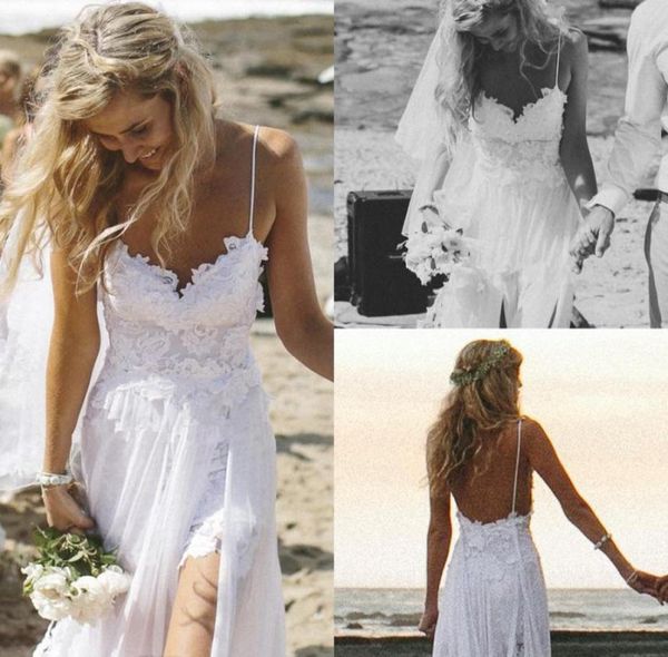 

summer beach 2020 wedding dresses backless white spaghetti sheath high split lace applique chiffon bridal gowns dress women2679828