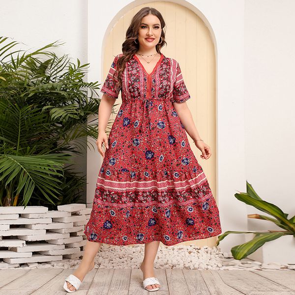 

plus size dresses size women clothing selling vintage floral dress bohemian style lace v neck long summer beach s 4xl short sleeve 230718, Black