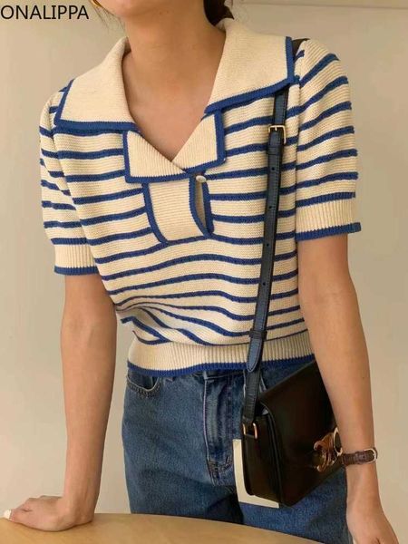 

women's sweaters onalippa contrast striped thin sweater turn down collar short sleeves loose pullover korean fashion chic design knitte, White;black