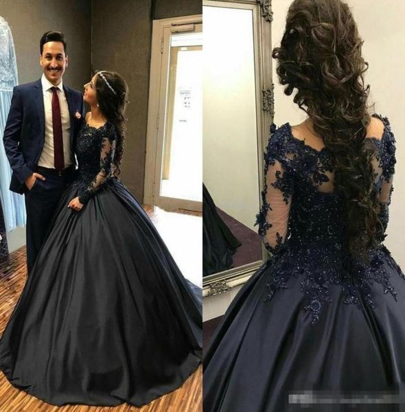 

navy blue ball gown quinceanera dresses off shoulder long sleeves appliques satin floor length prom dresses modest sweet sixteen d7039529, Black