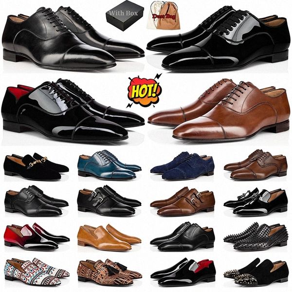 

red bottoms mens with box dress shoes loafers pointed toe black suede patent leather rivets glitter men fashion luxury sneakers party weddin