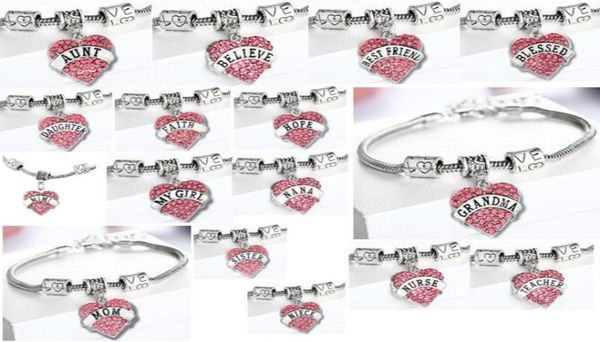 

5pcslot 16styles pink crystal heart pendant charm engraved daughter blessed nurse teacher believe etc bracelet bangle as holiday4648638, Golden;silver