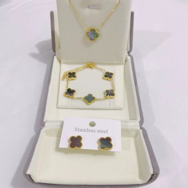 

4 Four Leaf Clover Luxury Designer Necklace Jewelry Set Pendant Necklaces Bracelet Stud Earring Women ChristmValentine's Day Birthday Gifts No Box Three-piece Set