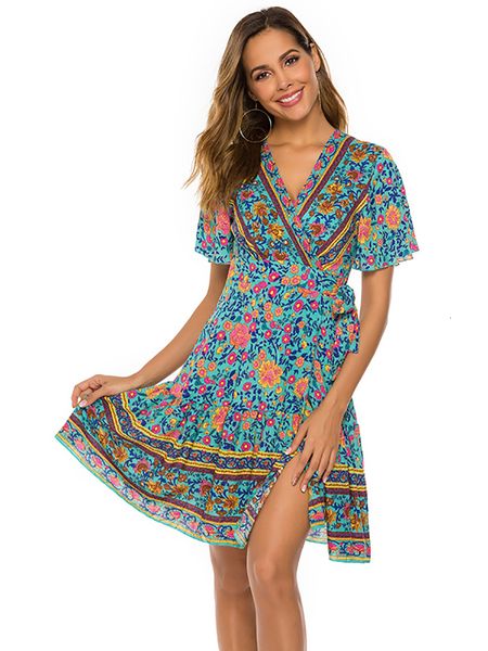 

basic casual dresses fitshinling deep v neck summer wrap dress print floral pareo beach wear bohemian slim robe holiday short dresses women, Black;gray