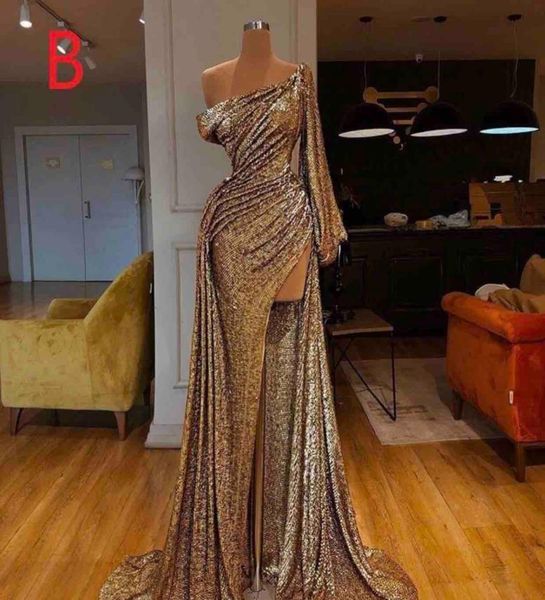 

2020 long sleeve gold mermaid reflective prom dresses high split sequined formal evening gowns robe de soiree abendkleid7013670, Black