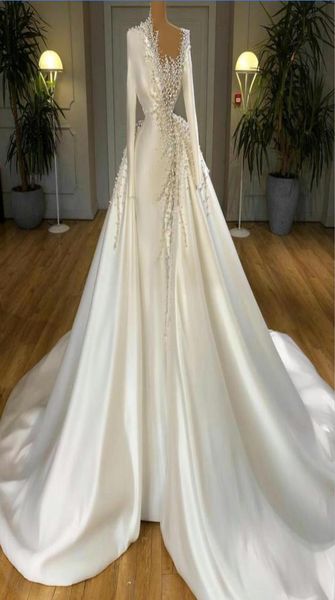 

gorgeous wedding dresses with detachable train satin pearls sweep train mermaid bridal gowns long sleeve marriage dress robe de ma9711803, White