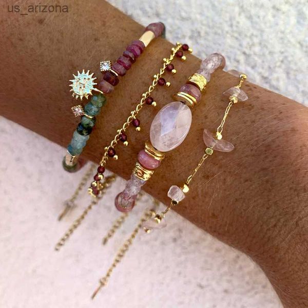 

women girls exquisite trendy natural stone beaded bracelet strawberry quartz garnet adjustable bangle wedding bridesmaid jewelry l230620, Golden;silver