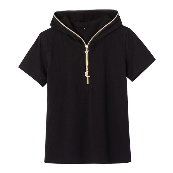 

women's hoodies sweatshirts 2023 summer shortsleeved hooded sweater zipper solid color casual fashion shirt allmatch slim 230717, Black