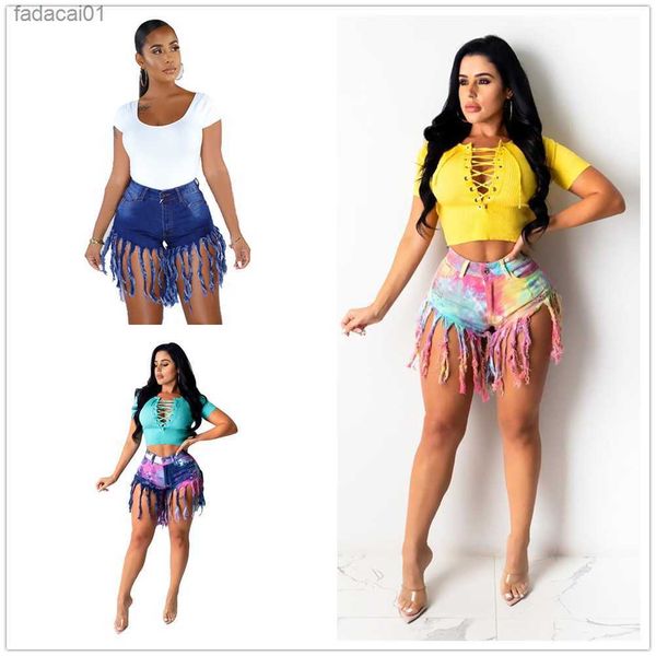 

2022 new women's summer tie dye long tassel denim shorts fashion skinny high stretch jeans shorts street hipster clothing s2xl l230621, White;black