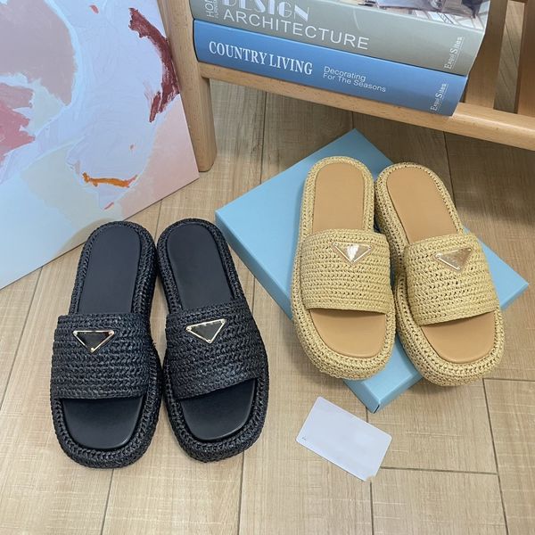 

crochet flatform slides women raffia straw sandal triangle buckle monoblock rubber wedges espadrilles slipper platform summer square toe fli, Black