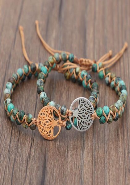 

natural stone tree of life charm strand bracelet for women handmade double layer african turquoise beads string braided yoga brace2038267, Black