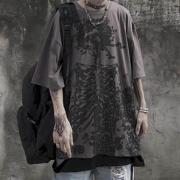 

men's t-shirts oversized t-shirt summer men t-shirt dark high street gothic skull print loose short sleeve tee men harajuku men y2k tsh, White;black