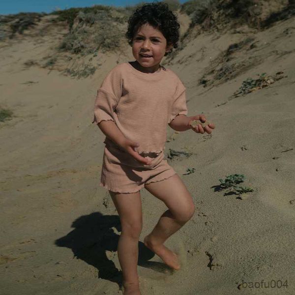 

clothing sets summer new children's cotton ruffled suit retro casual t-shirts elastic waist shorts 2pcs sets kids clothes r230718, White