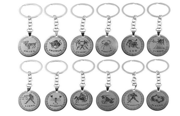 

12 constellations stainless steel keychains pisces aries leo virgo pendant key chain key rings vintage zodiac sign key holder gift6277903, Slivery;golden