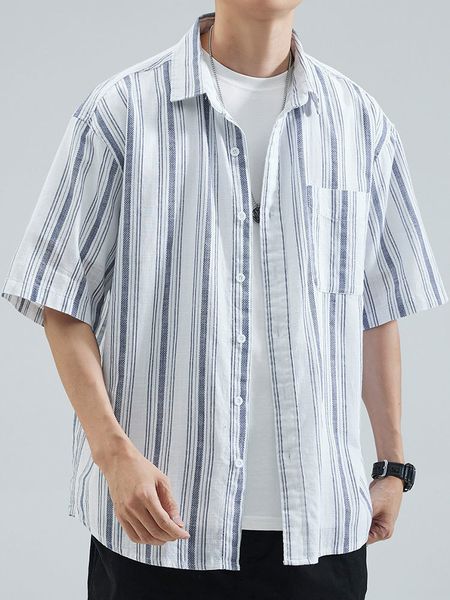 

men s tracksuits summer striped casual shirts men short sleeve holiday blouse fashion clothing breathable loose husband cotton 230718, Gray