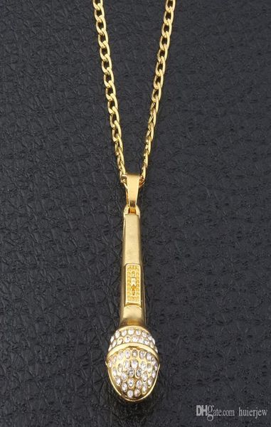 

bling bling hip hop jewelry ice out music stereoscopic microphone pendants necklaces plated gold chain necklace6287638, Silver