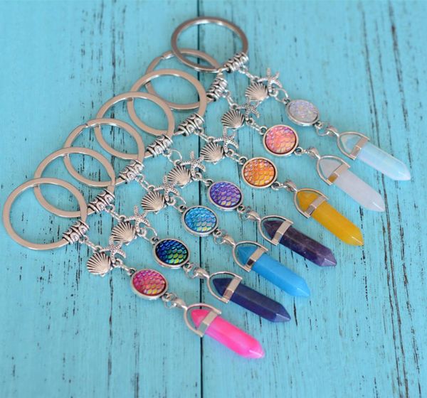 

quartz crystal key rings pendulum keychain mermaid fish scales natural stone hexagonal prism chakra fashion key chain jewelry gift5774702, Slivery;golden