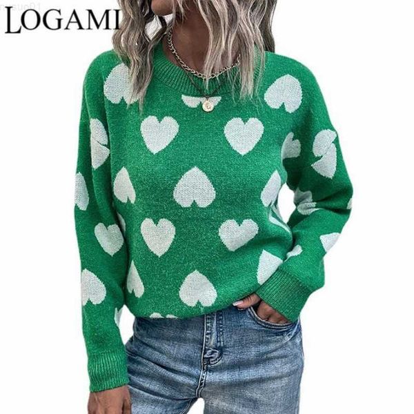 

women's sweaters logami contrast color round neck heart knitted sweater women autumn winter new women's pullover l230718, White;black
