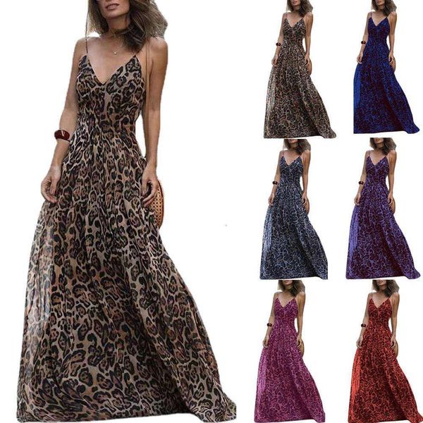 

fashion summer leopard print v neck sling backless dress, Black;gray