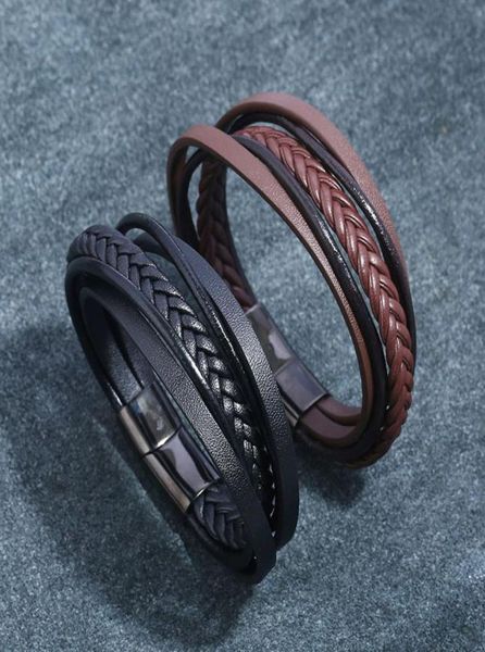 

simple handmade weave multilayer leather stainless steel charm bracelets black brown rock bangles jewelry for women men5934286, Golden;silver