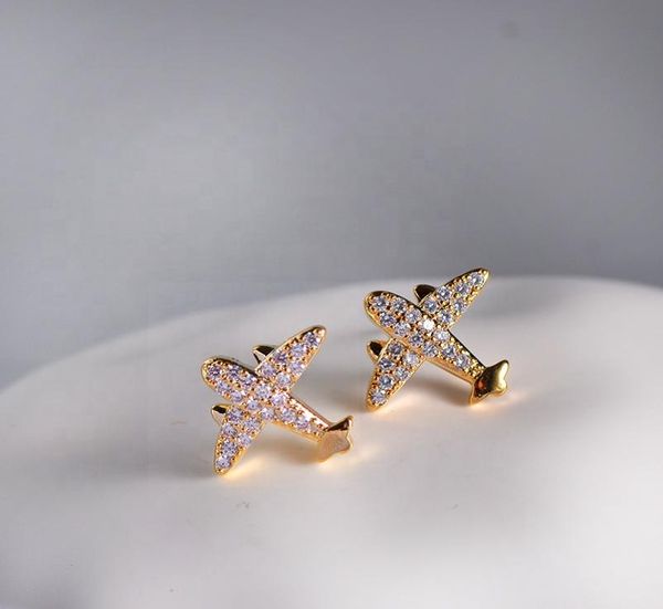 

simple whole brass gold plated inlay zircon airplane shaped cute stud earrings for women jewelry8120593, Golden;silver