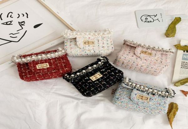 

2021 kids pearl handbag lady style girls lattice linen messenger bag children one shoulder princess bags a59638588324, Black