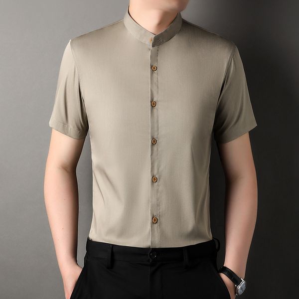 

men's t shirts short sleeved shirt stand collar business casual solid color thin silky bamboo fiber summer clothing 230717, White;black