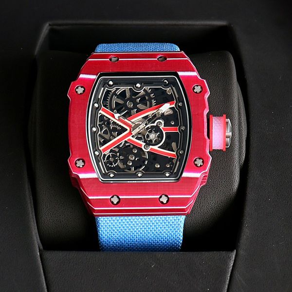 

mens skeleton luxury watch red case blue canvas strap richa milles automatic mechanical eta watch sapphire glass hollow out wristwatches ful, Slivery;brown