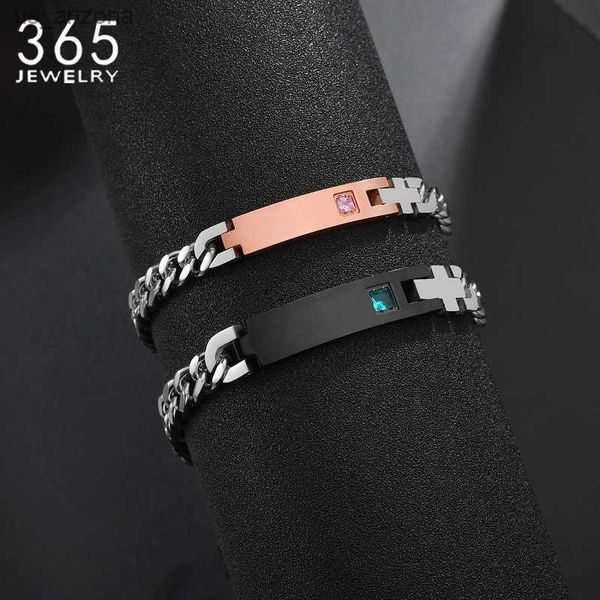 

personalized stainless steel zircon engraved bar chain couple bracelet men women customized name charming wedding gift jewelry l230620, Golden;silver