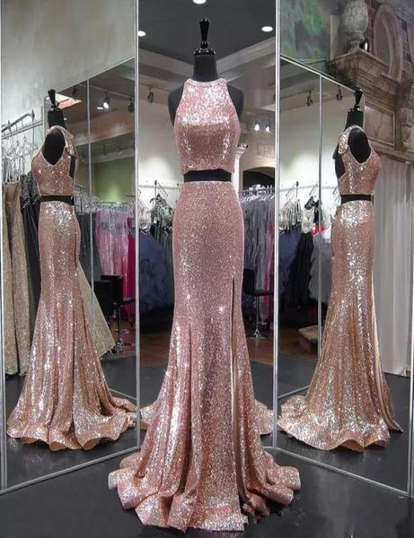 

two piece prom dresses sequined rose gold scoop neckline sleeveless high slit mermaid african backless formal dress long floor len4621124, Black