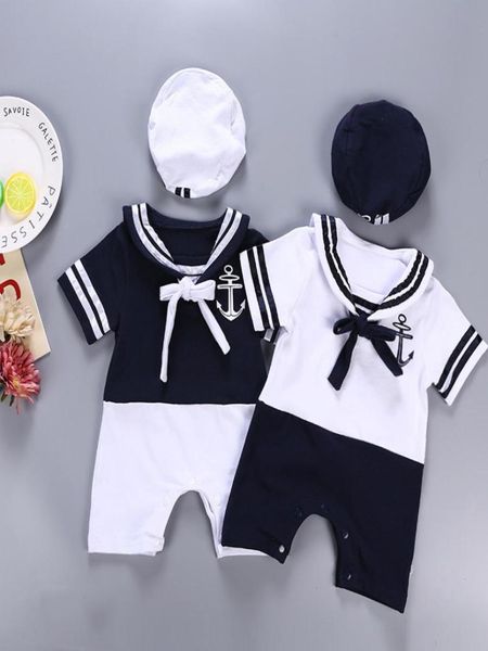 

kids baby boys rompers sailor bodysuit romper hat set newborn summer jumpsuits clothes outfits2557789, White