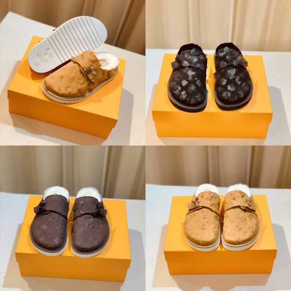 

designers pool pillow easy fur slippers plush wool fuzzy women men sandals sunset paseo flat comfort mules letters flowers floral slides fur, Black