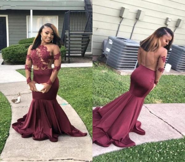 

dark red lace mermaid prom dresses 2019 sheer neck long sleeves backless formal party evening gowns with lace appliques bc1248327541, Black