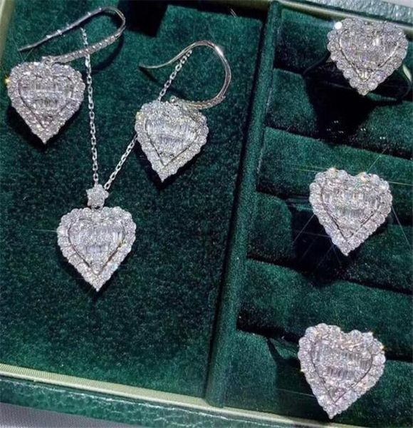 

2021 choucong cocktail luxury jewelry set 925 sterling silver full t princess cut z cz diamond heart pendant earring women rin2950155, Slivery;golden