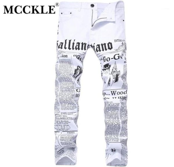 

mcckle 2017 autumn men denim trousers white printing newspaper casual pants mens painted skinny jeans for man size 28421223r1536401655172, Blue