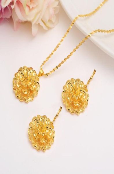 

ethiopian 24k fine yellow gold filled multichamber flower set jewelry pendant chain earrings african bride wedding bijoux gift7372449, Silver