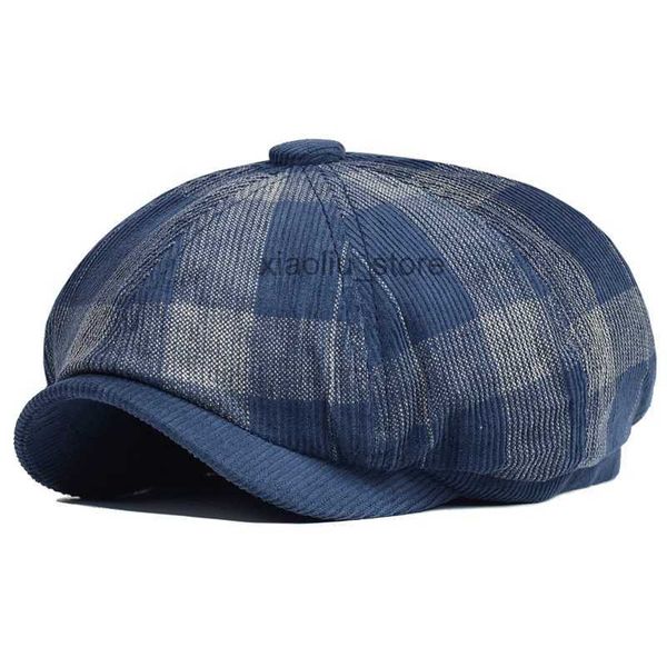 

newsboy hats autumn winter plaid thick newsboy hat corduroy beret men women england gatsby retro hat driver flat cap hkd230718, Blue;gray