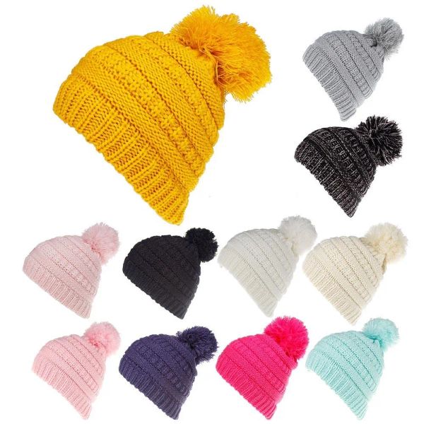 

kids knitted hats winter warm childrens wool ball beanies fashional baby pom hat boy and girl caps wholesale, Yellow